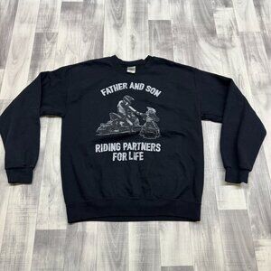 ✅Mens M Gildan Heavy Blend Pullover Sweatshirt Father & Son Snowmobile Graphic